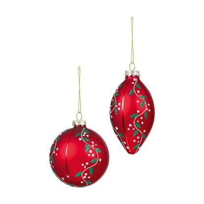 Premier-Matt-Red-Glass-Bauble-With-Green-Leaf-Design