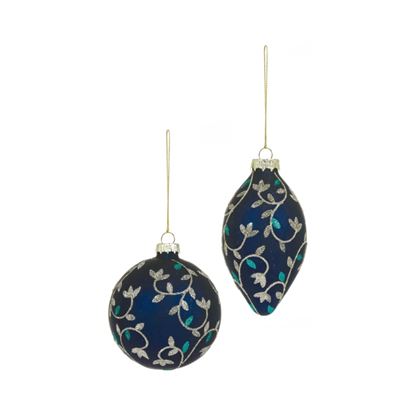 Premier-Matt-Navy--Glass-Bauble-With-Gold-Glitter-Branch