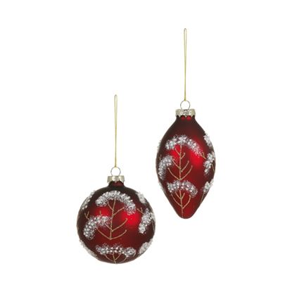 Premier-Matt-Burgundy-Glass-Bauble-With-White--Glitter-Leaf