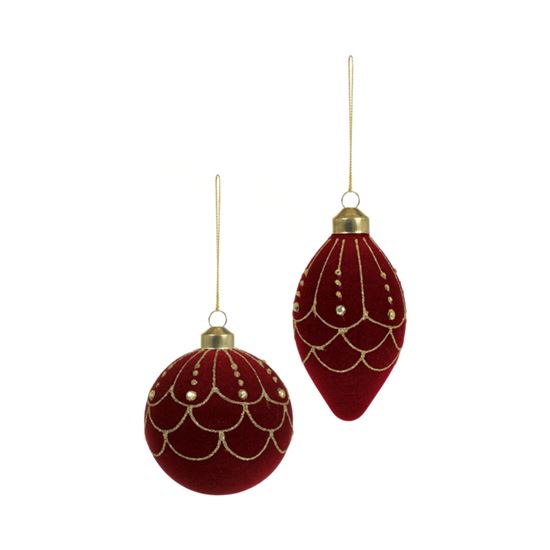 Premier-Burgundy-Flock-Glass-Bauble--With-Gold-Design