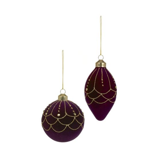 Premier-Plum-Flock-Glass-Bauble--With-Gold-Design