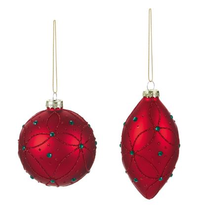 Premier-Matt-Red-Bauble-With-Red-Swirl-Glitter--Green-Jewels