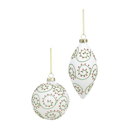 Premier-Matt-White-Glass-Bauble-With-Green--Red-Glitter